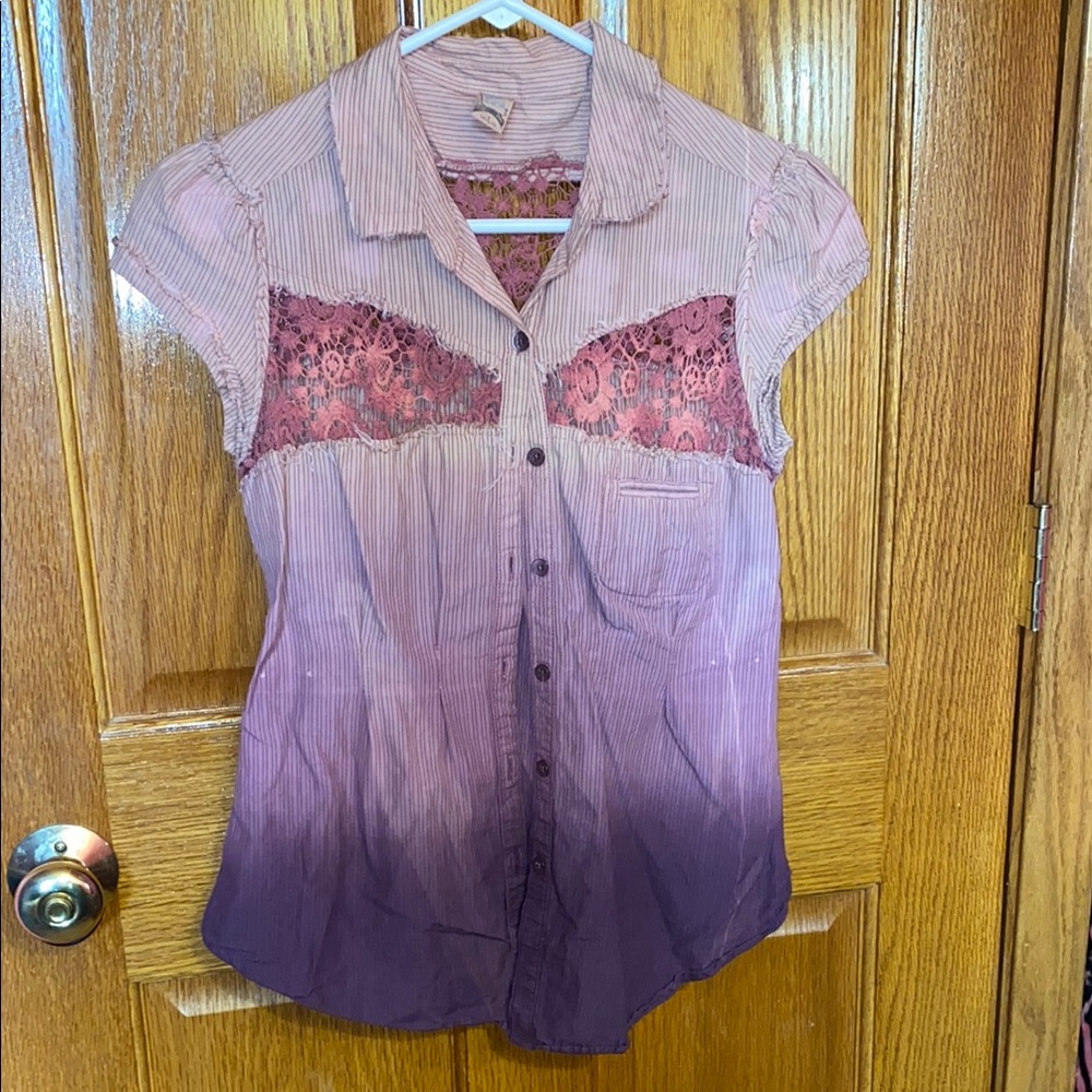 Free People Pink and Purple Cap Sleeve Button Down Shirt